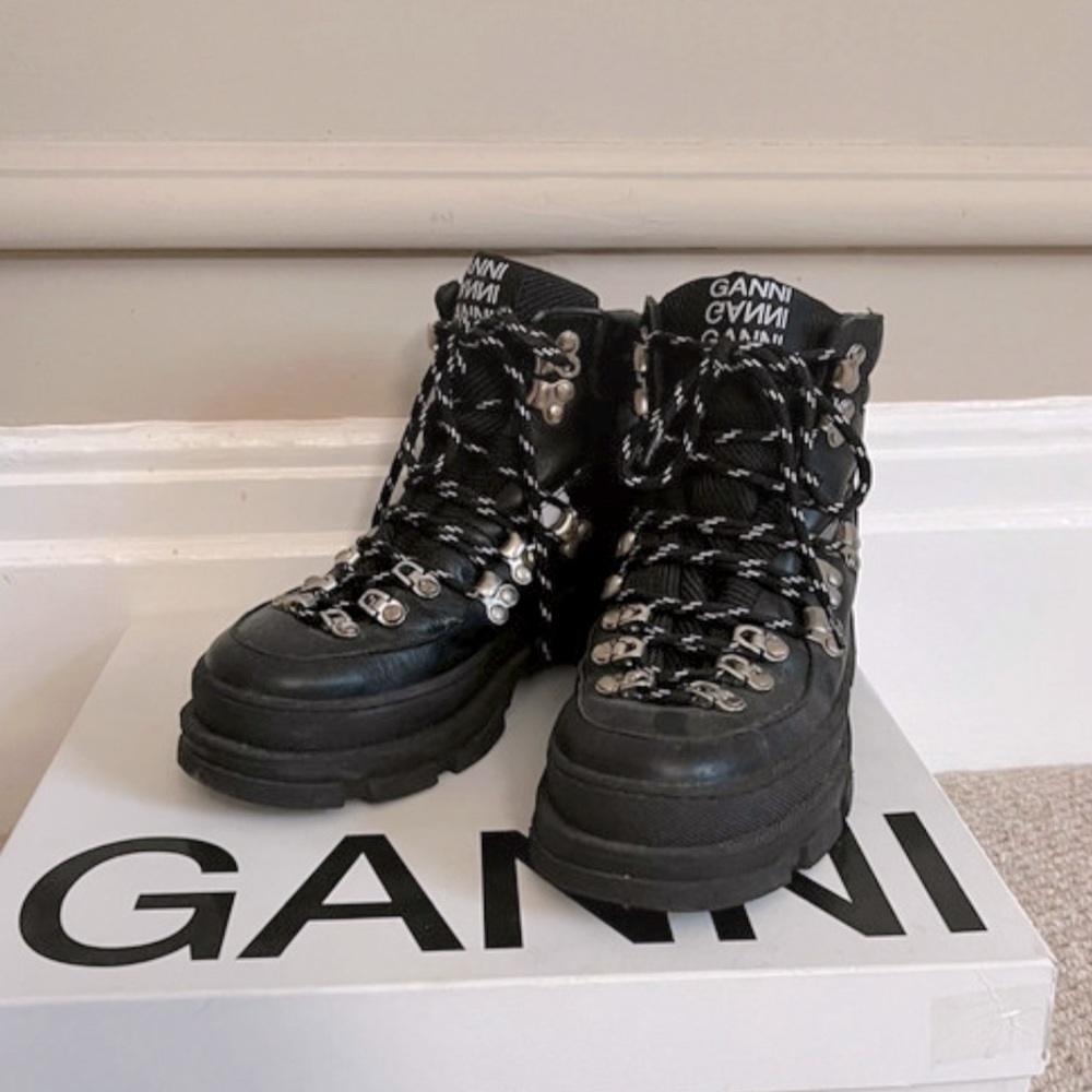 Ganni Black Chunky Lace Up Leather Hiking Hiker Boots - U.K. 4 / 5 - Picture 1 of 4